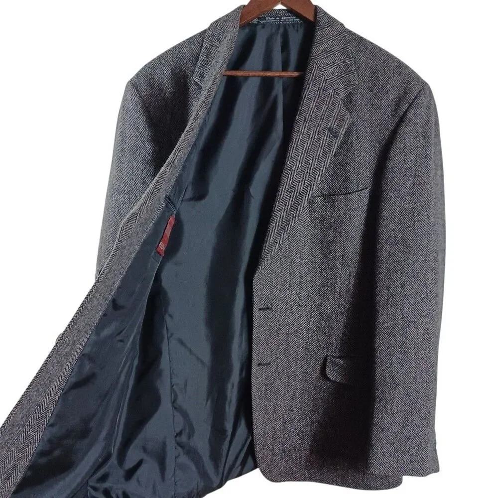 Classic Wool Heritage Y2K Wall Street 44L Gray Herringbone Prep SportCoat Blazer